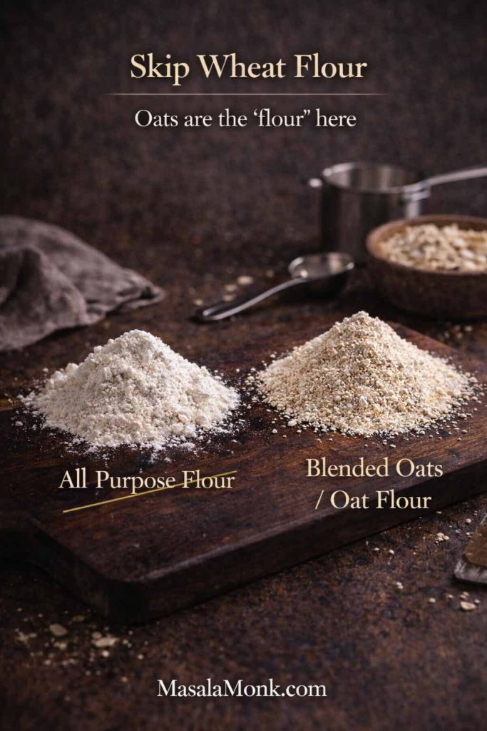Two piles on a cutting board comparing all-purpose flour and blended oats/oat flour for no flour oat pancakes, with text “Skip Wheat Flour—Oats are the ‘flour’ here.”