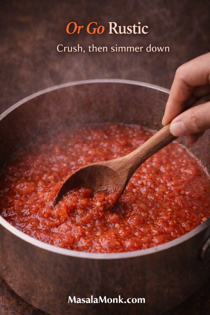 Chunky crushed tomatoes simmering in a pot while being stirred with a wooden spoon for a rustic fresh tomato sauce.