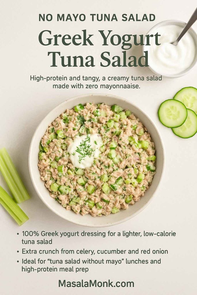 No-mayo Greek yogurt tuna salad with tuna, cucumber and celery in a white bowl, garnished with dill, with extra yogurt and cucumber slices on the side.