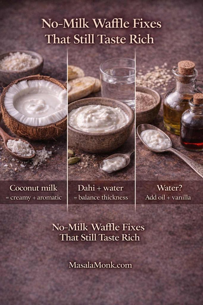 Portrait infographic with three no-milk waffle batter options—coconut milk, dahi + water, and water with extra oil + vanilla—plus MasalaMonk.com footer.