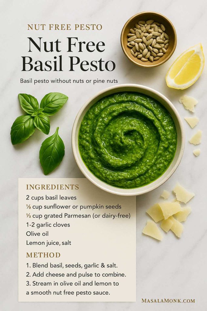 Nut Free Basil Pesto recipe card on marble with a bowl of green pesto, basil leaves, sunflower seeds, lemon wedge and printed ingredients and method – MasalaMonk.