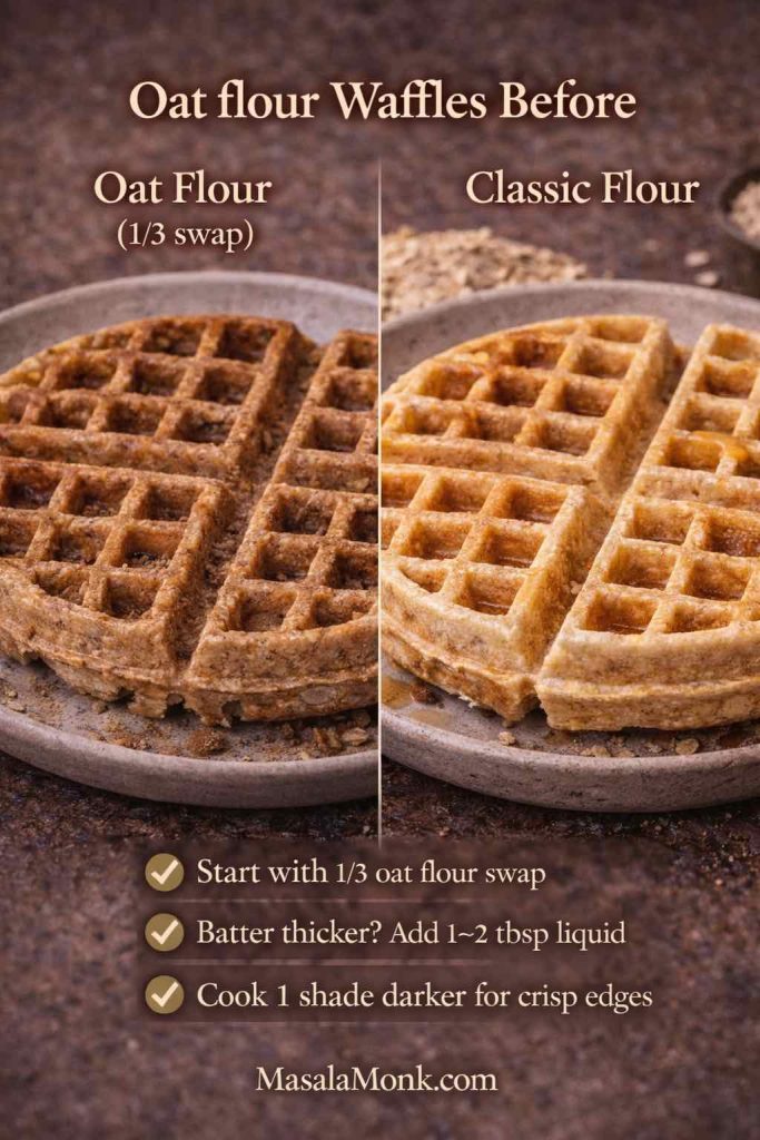 Side-by-side comparison of oat flour waffles (1/3 flour swap) versus classic Belgian waffles, showing texture differences and tips for crisp edges.