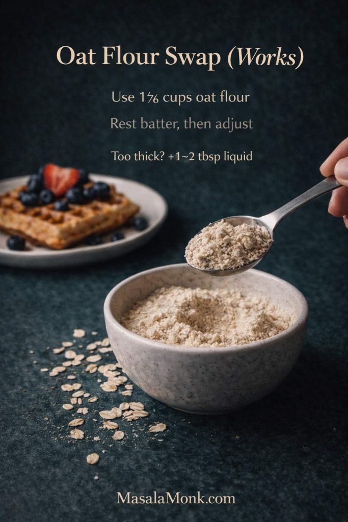 Portrait guide showing a spoonful of oat flour over a bowl with oats scattered on a dark green surface, plus text overlay “Oat Flour Swap (Works)” with instructions for making oat flour waffles without milk, and MasalaMonk.com in the footer.