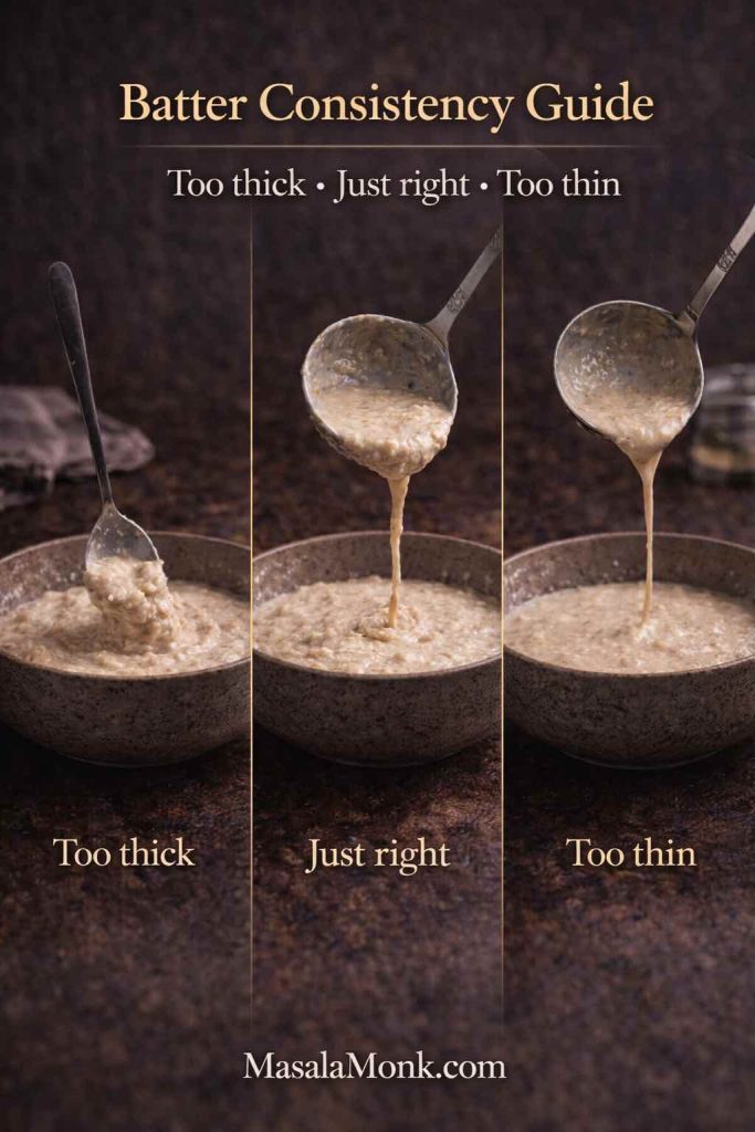 Triptych showing oat pancake batter consistency examples—too thick, just right, and too thin—with text “Batter Consistency Guide.”