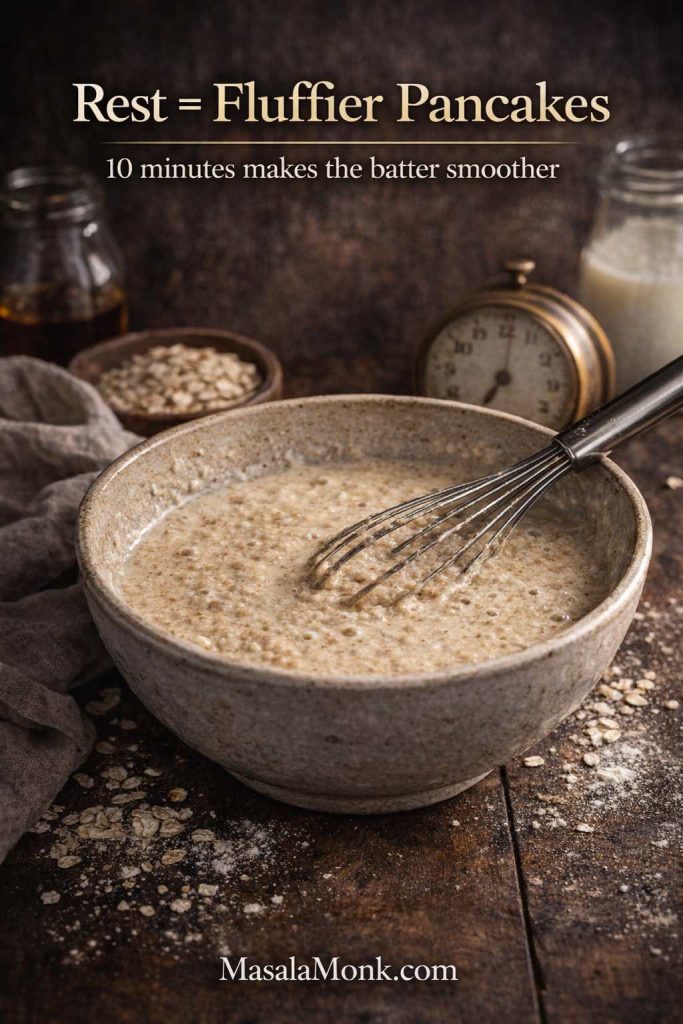 Bowl of oat pancake batter with a whisk resting in it on a rustic table, with a kitchen timer and oats in the background and text “Rest = Fluffier Pancakes.”