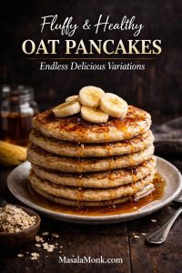 Photo-realistic magazine-style cover of fluffy oat pancakes topped with banana slices and maple syrup on a dark rustic table.