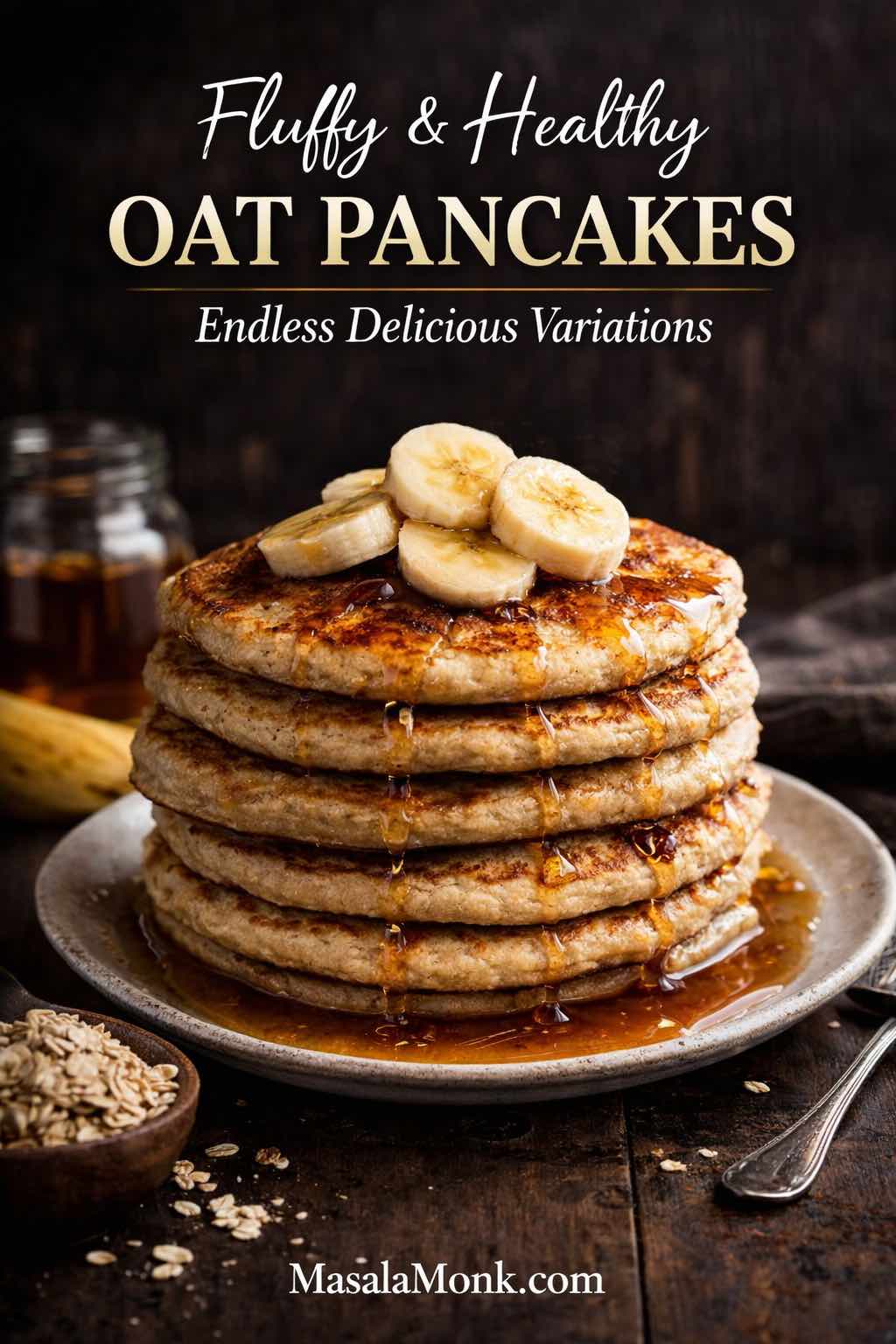Photo-realistic magazine-style cover of fluffy oat pancakes topped with banana slices and maple syrup on a dark rustic table.