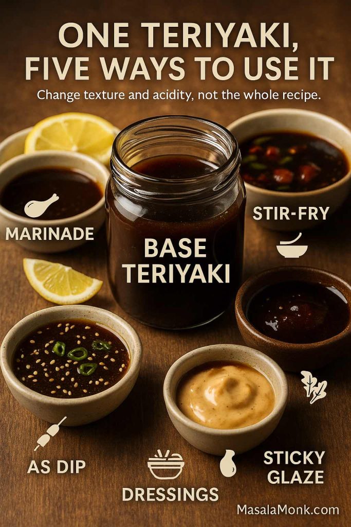 Jar of base teriyaki sauce on a wooden table surrounded by five small bowls labelled marinade, stir-fry, sticky glaze, dip and dressings, illustrating different ways to use one homemade teriyaki sauce.