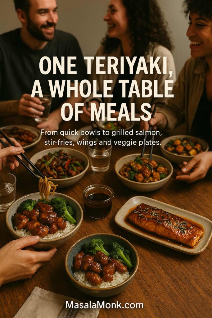 Four friends sitting around a wooden table sharing a variety of teriyaki dishes—including chicken bowls, teriyaki salmon, noodles and vegetables—with a jar of sauce in the centre and the text “One Teriyaki, A Whole Table of Meals” overlaid.