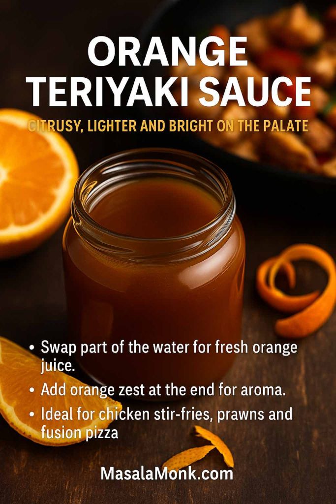 Vertical recipe card showing a jar of orange teriyaki sauce on a wooden table with fresh orange halves and zest beside a chicken stir-fry pan, plus text explaining how to add orange juice and zest and where to use the citrus teriyaki sauce.