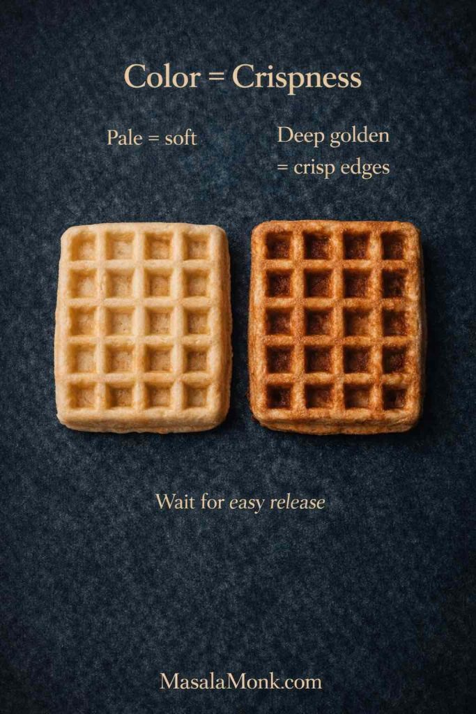 Portrait comparison guide showing two waffles side by side on a dark green background—one pale and one deep golden—with text overlay “Color = Crispness” explaining pale waffles stay soft while deep golden waffles get crisp edges, plus MasalaMonk.com in the footer.