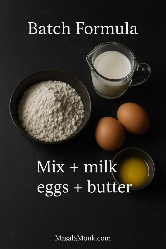 Portrait flatlay showing pancake mix in a bowl with a measuring cup of milk, two eggs, and melted butter, featuring text overlay “Batch Formula” and “Mix + milk + eggs + butter,” with MasalaMonk.com in the footer.