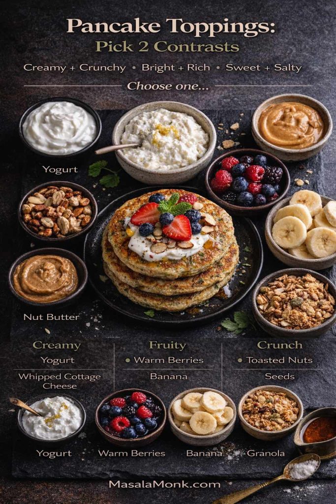 Pancake toppings guide showing how to pick two contrasts—creamy, fruity, and crunchy—with yogurt, whipped cottage cheese, nut butter, warm berries, banana, nuts, seeds, granola, and sweet finishes.