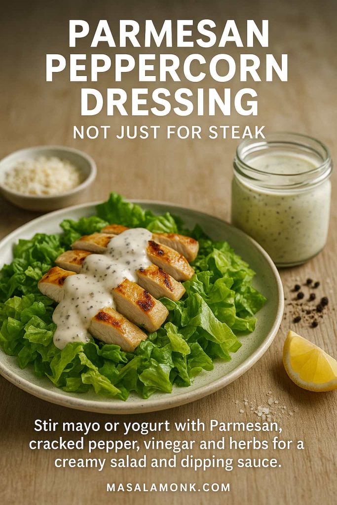 Plate of green salad topped with grilled chicken drizzled in creamy Parmesan peppercorn dressing, with a jar of the dressing, grated cheese and cracked pepper on a wooden table and text explaining how to make the sauce.