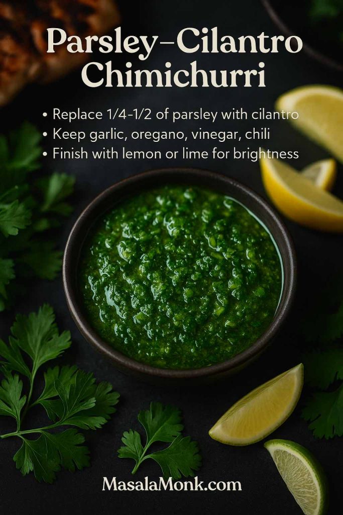 Portrait image of a bowl of bright green parsley-cilantro chimichurri sauce on a dark surface, surrounded by fresh parsley, cilantro and lemon and lime wedges, with text overlay explaining how to make parsley–cilantro chimichurri.