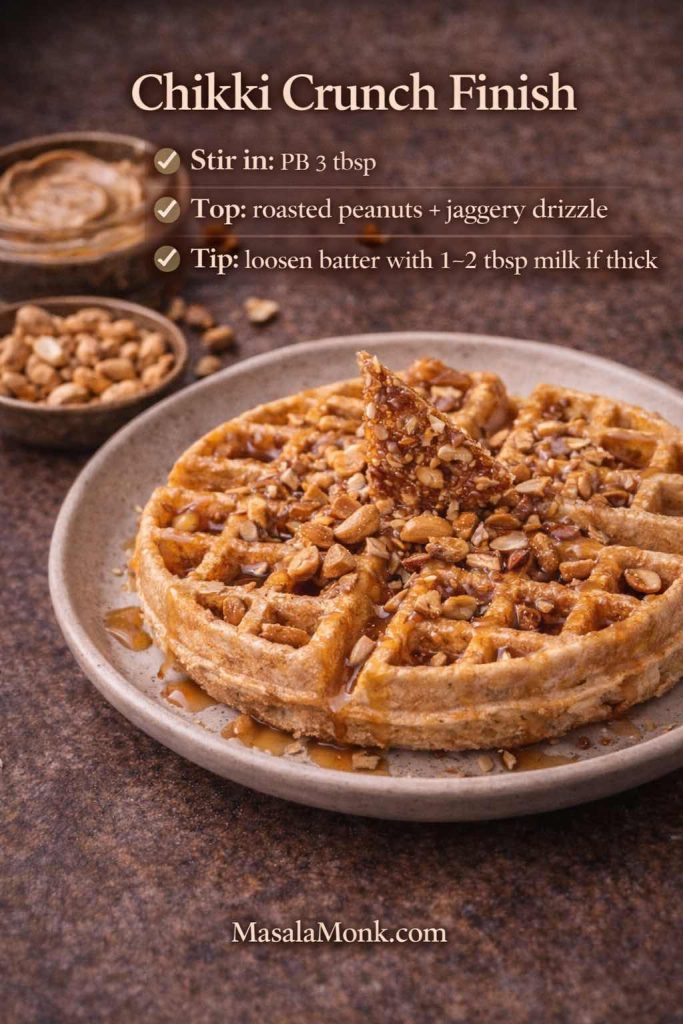 Peanut butter waffles topped with roasted peanuts, jaggery drizzle, and chikki crunch—Indian-style Belgian waffle variation.