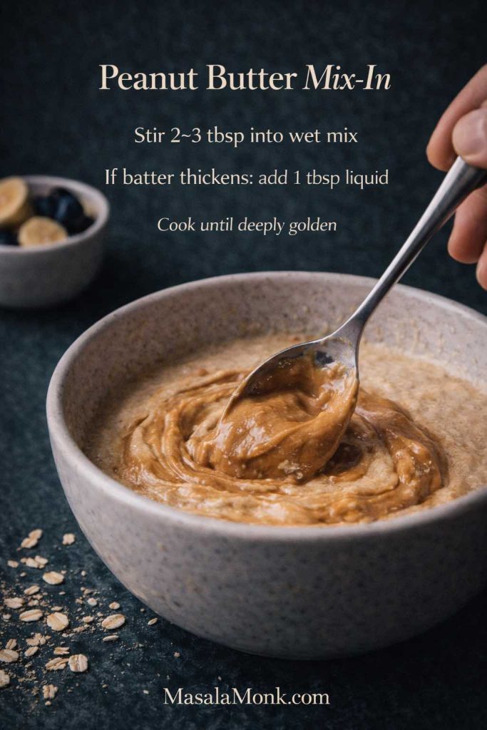 Portrait how-to image showing peanut butter being stirred into waffle batter in a bowl on a dark green surface, with text overlay “Peanut Butter Mix-In” and instructions to stir 2–3 tablespoons into the wet mix and adjust batter if it thickens, plus MasalaMonk.com in the footer.