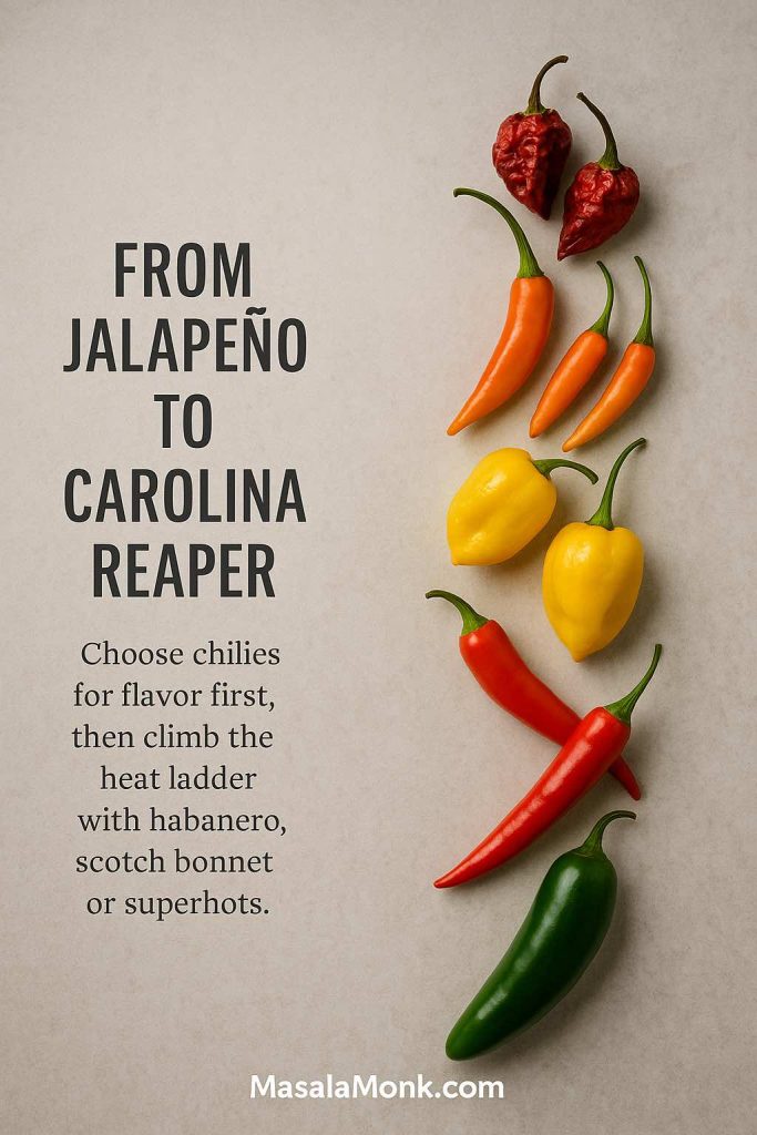 Vertical row of fresh peppers ranging from mild green jalapeno to superhot red Carolina Reaper on a neutral background, illustrating the heat ladder for pepper sauce recipes.