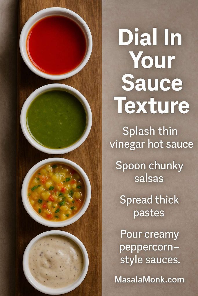Four bowls of pepper sauce in a vertical row showing different textures from thin red vinegar hot sauce to smooth green jalapeno sauce, chunky pineapple habanero salsa and thick creamy peppercorn sauce.