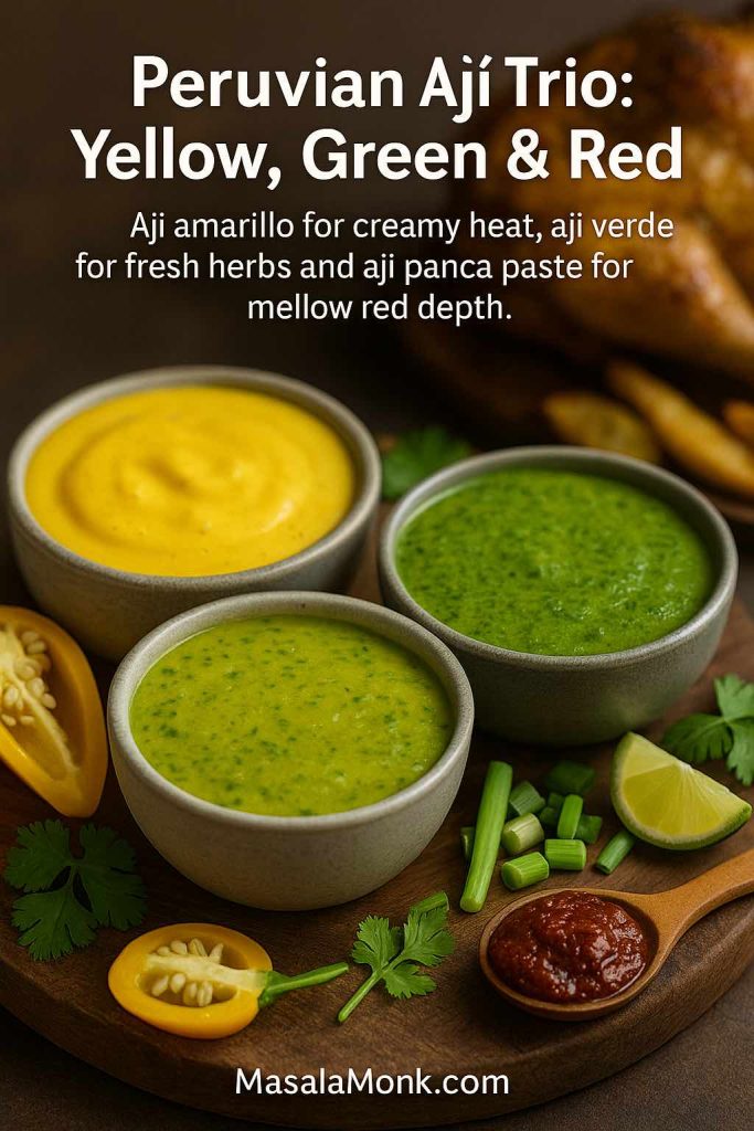 Three bowls of Peruvian aji sauces on a wooden board: creamy yellow aji amarillo sauce, bright green aji verde and dark red aji panca paste, surrounded by yellow chilies, herbs, lime and roast potatoes with text describing the Peruvian aji trio.