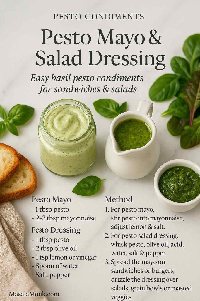 Pesto Mayo and Salad Dressing recipe card on white marble with a jar of creamy pesto mayo, a small jug of pesto salad dressing, fresh basil, toast, salad greens and printed ingredients and method – MasalaMonk.
