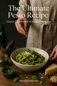 Hand sprinkling Parmesan over a bowl of basil pesto pasta on a wooden table with fresh basil, pine nuts and pesto sauce.