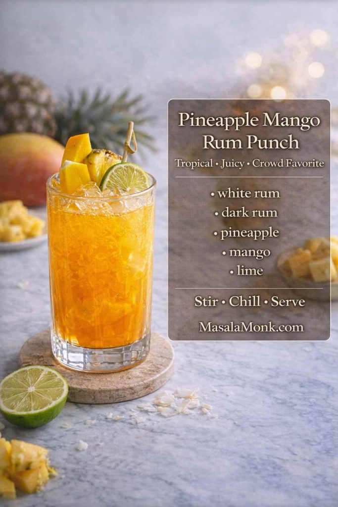 Pineapple mango rum punch in a tall glass with crushed ice and fruit garnish, featuring a recipe-card overlay with white rum, dark rum, pineapple, mango, and lime.