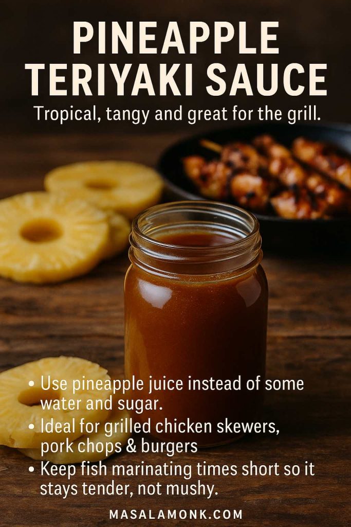 Vertical recipe card showing a jar of pineapple teriyaki sauce on a wooden table with fresh pineapple rings and grilled chicken skewers in the background, plus text explaining how to use pineapple juice for a tropical teriyaki glaze and marinade.