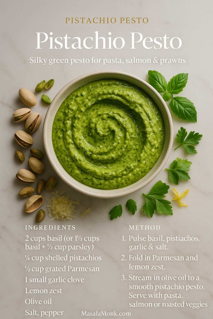 Pistachio Pesto recipe card on white marble with a bowl of silky green pesto, scattered pistachios, basil, parsley, lemon zest and printed ingredients and method – MasalaMonk.