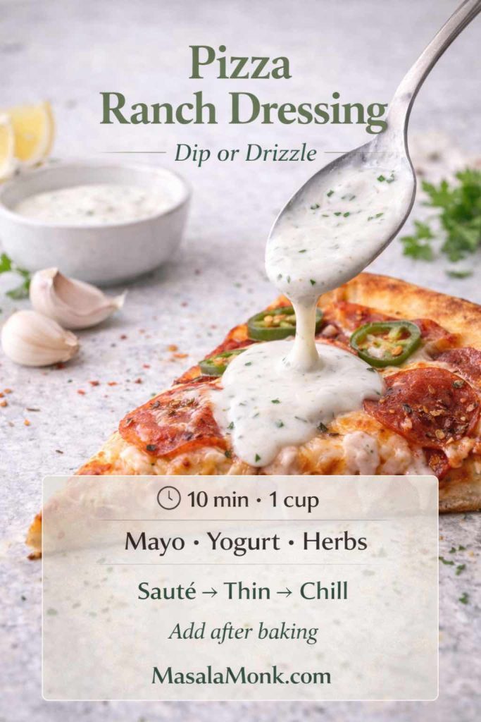 Pizza ranch dressing recipe card showing ranch sauce being drizzled over a spicy pizza slice, with quick steps and key ingredients for dipping or drizzling.