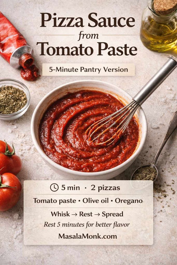 Recipe card showing pizza sauce from tomato paste in a bowl with a whisk, plus quick steps (whisk, rest, spread) and pantry ingredients.