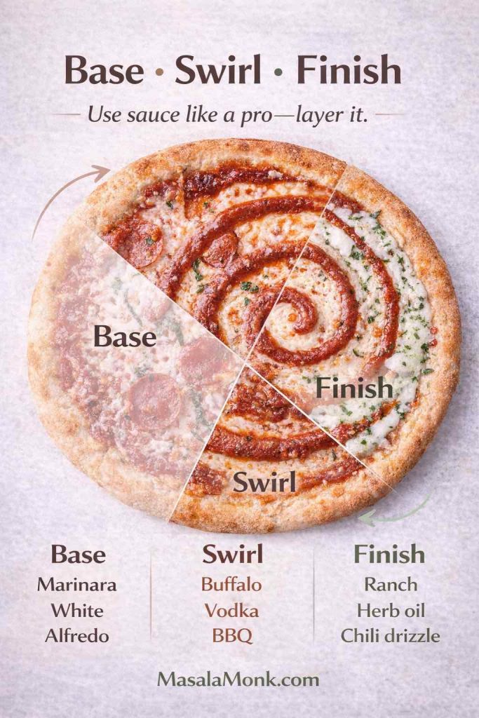 Infographic showing how to layer pizza sauces using base, swirl, and finish, with examples like marinara and white sauce for the base, buffalo and BBQ for swirls, and ranch as a finishing drizzle.