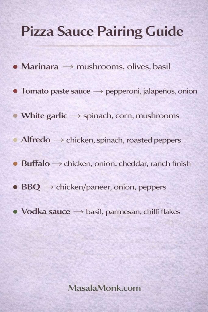 Pizza sauce pairing guide infographic listing marinara, tomato paste sauce, white garlic, Alfredo, buffalo, BBQ, and vodka sauce with suggested toppings, plus MasalaMonk.com branding.