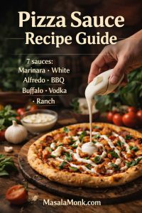 Hand pouring ranch over a buffalo chicken pizza on a wooden board for MasalaMonk’s pizza sauce recipe guide featuring 7 sauces.