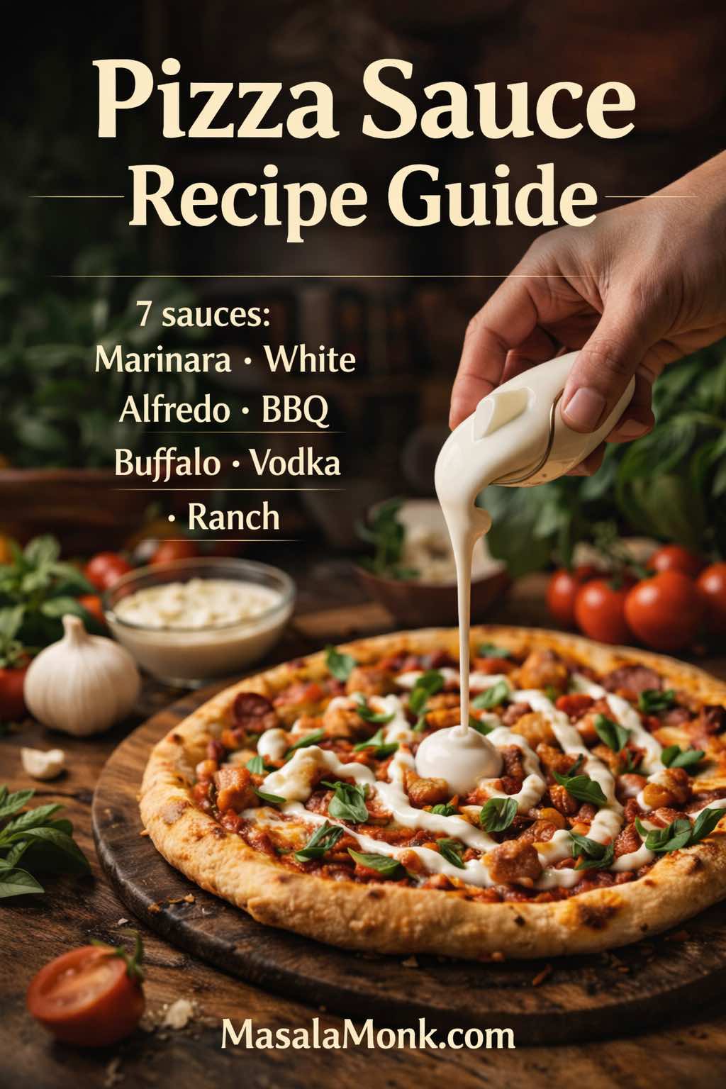 Hand pouring ranch over a buffalo chicken pizza on a wooden board for MasalaMonk’s pizza sauce recipe guide featuring 7 sauces.