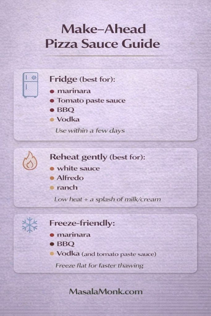 Photo-realistic magazine-style cover showing a hand drizzling creamy ranch over a freshly baked pizza on a rustic wooden board, titled “Pizza Sauce Recipe,” with MasalaMonk.com in the footer.