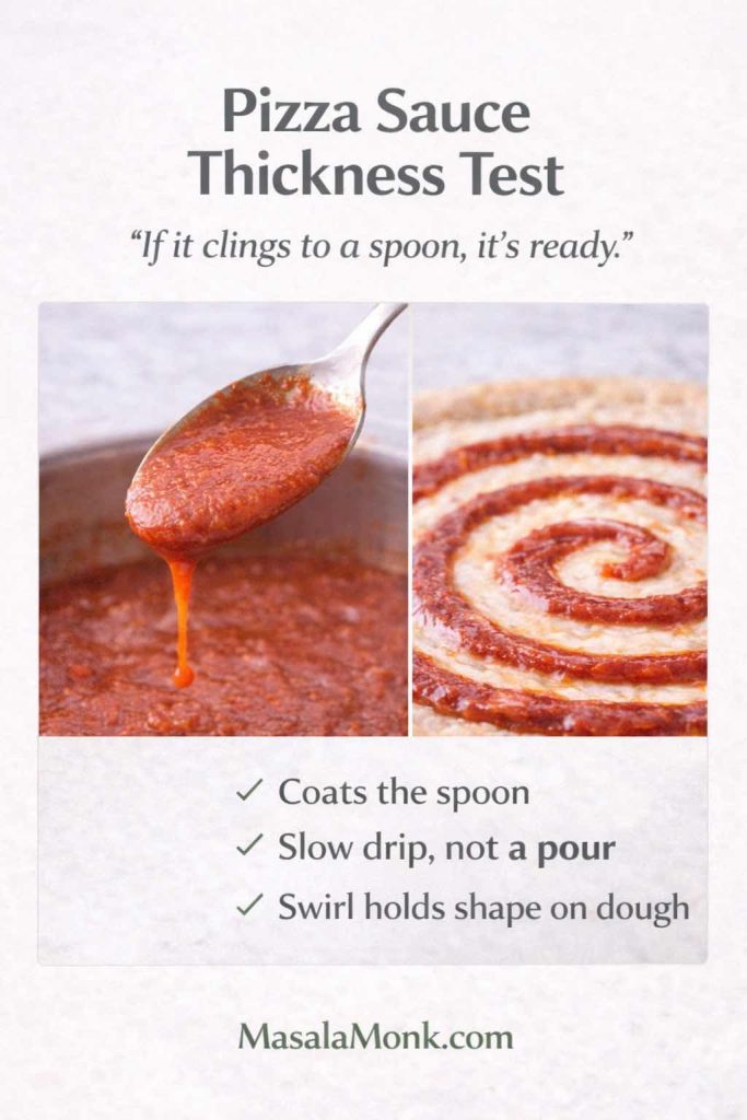 Pizza sauce thickness test infographic showing sauce clinging to a spoon with a slow drip and a swirl holding shape on pizza dough, with quick visual cues.