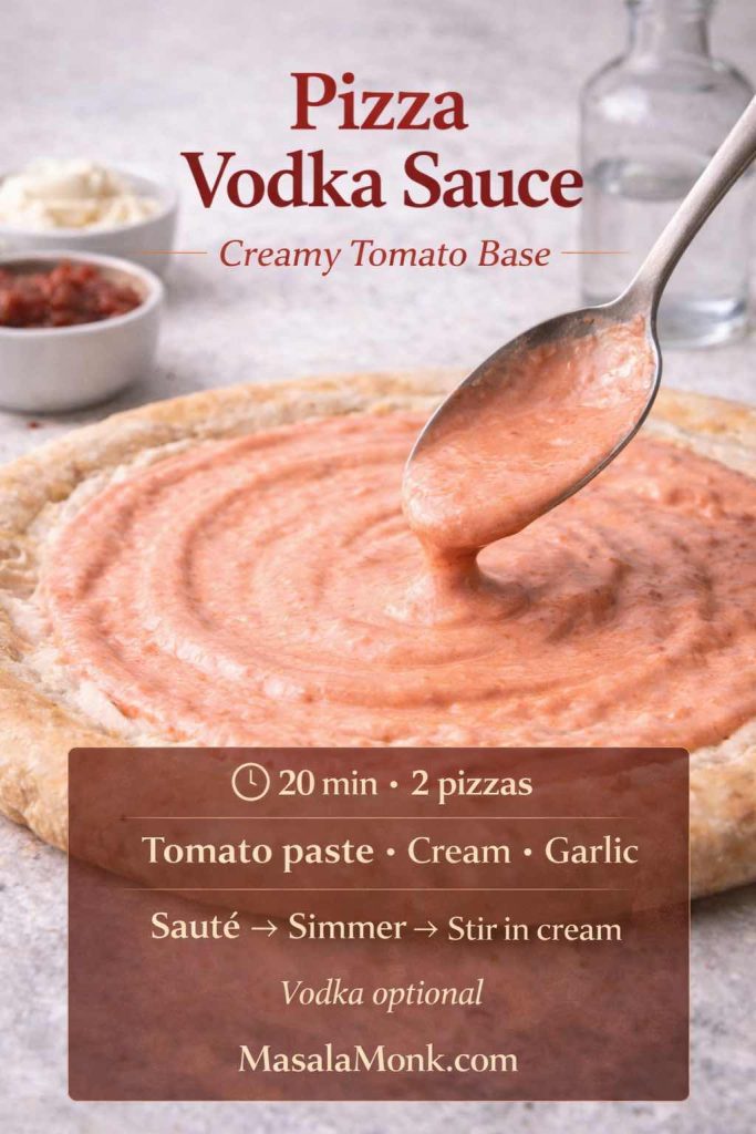 Pizza vodka sauce recipe card showing creamy tomato vodka sauce being spooned onto pizza dough, with quick steps and key ingredients (tomato paste, cream, garlic).