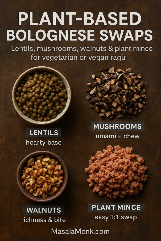 Flat-lay portrait image titled “Plant-Based Bolognese Swaps”, showing bowls of lentils, mushrooms, walnuts and plant mince on a rustic surface with labels explaining how each works as a vegetarian or vegan bolognese alternative.