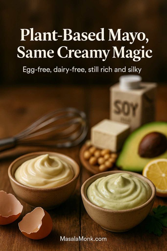 A rustic bowl of creamy plant-based vegan mayo beside traditional mayonnaise, surrounded by soy milk, tofu, avocado, chickpeas and lemon on a wooden table.