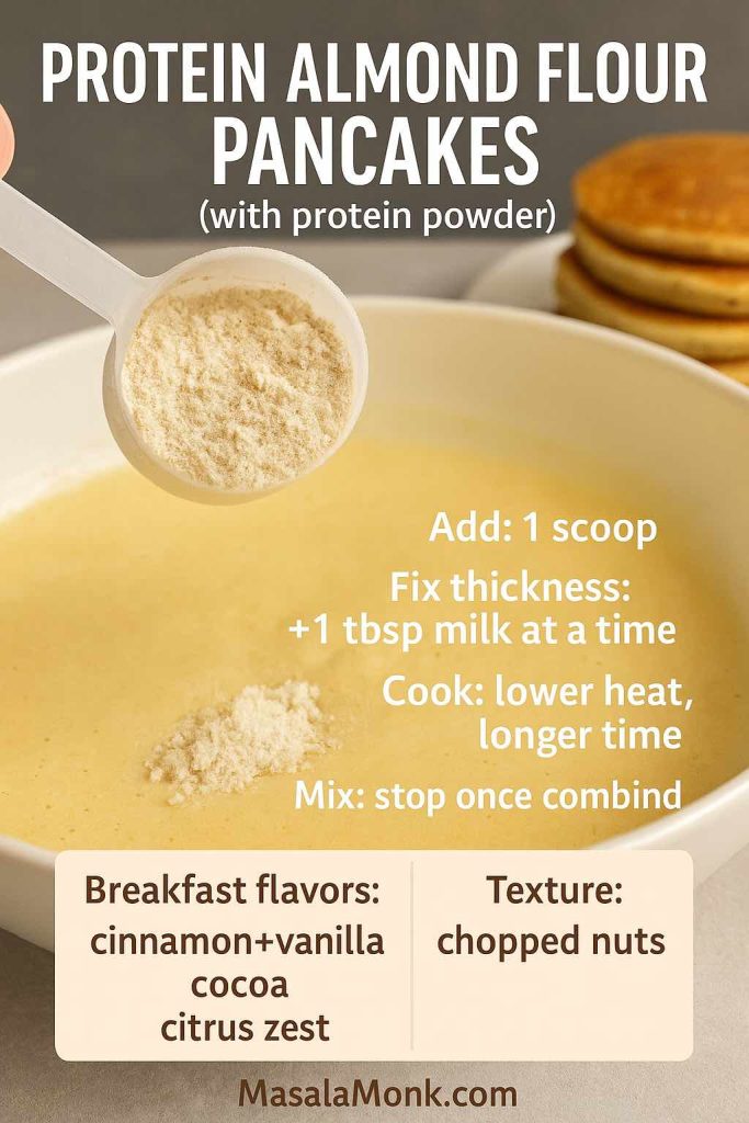 Protein almond flour pancake batter with protein powder being added, showing tips to adjust thickness with milk, cook on lower heat, and avoid overmixing.