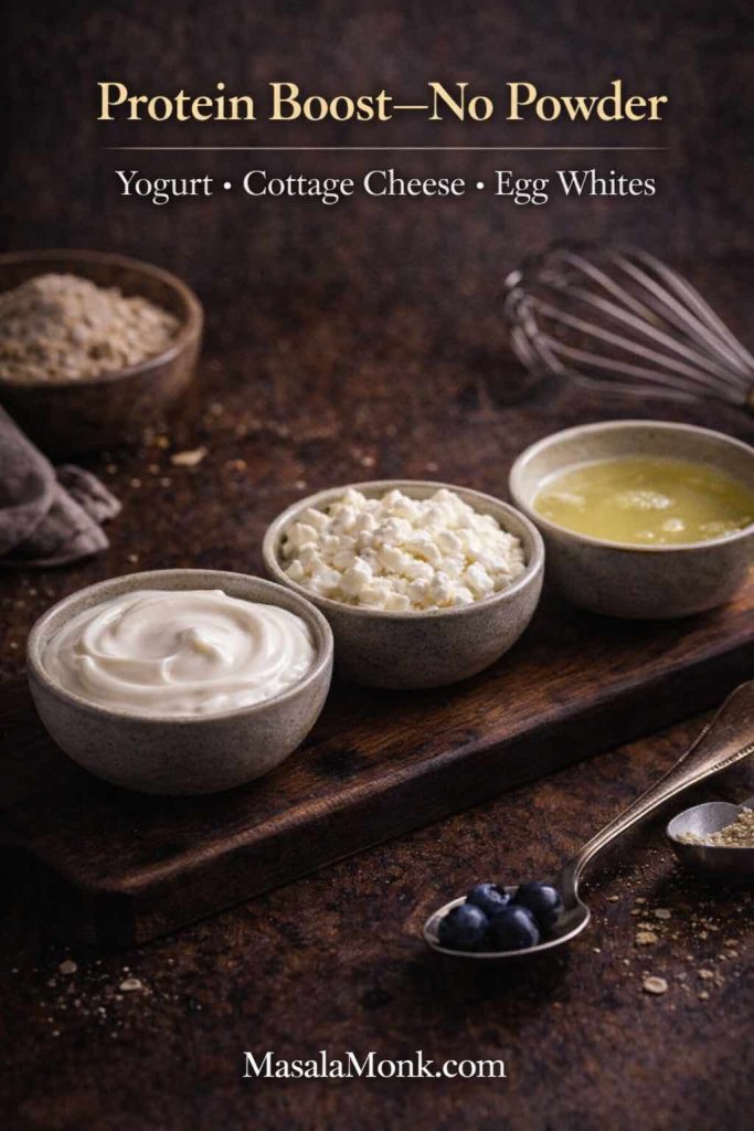 Three bowls of Greek yogurt, cottage cheese, and egg whites on a dark table with oats and a whisk, with text “Protein Boost—No Powder.”