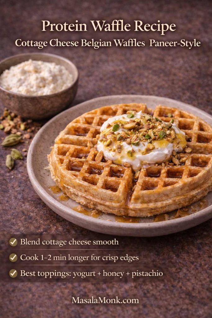 Protein waffle recipe made with blended cottage cheese (paneer-style), topped with yogurt, honey and pistachios, with tips for crisp edges.