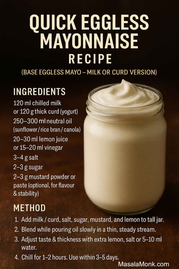 Quick eggless mayonnaise recipe card showing a jar of creamy egg free mayo beside ingredients and method in ml and grams for the base milk or curd version.