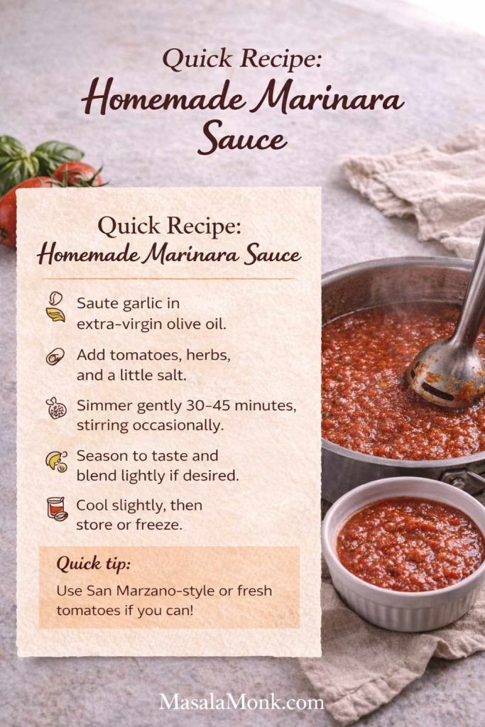 Quick recipe card for homemade marinara sauce on a photo of simmering marinara in a pan, with MasalaMonk.com in the footer.