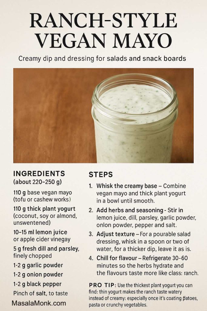A ranch-style vegan mayo recipe card from MasalaMonk showing a jar of creamy herb-flecked dip with ingredients, simple steps and a pro tip about using thick plant yogurt for a rich dairy-free dressing.