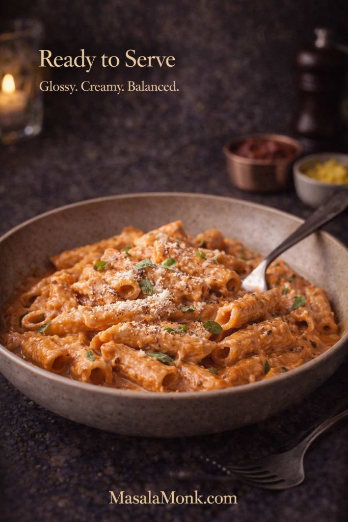 Bowl of penne alla vodka coated in creamy tomato sauce, topped with grated Parmesan and herbs, styled in a moody restaurant-like setting.