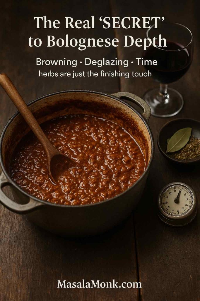 Portrait image of a pot of bolognese sauce simmering on a wooden table with a glass of red wine, herbs and a kitchen timer, overlaid with the text “The Real ‘Secret’ to Bolognese Depth – Browning · Deglazing · Time – herbs are just the finishing touch”.