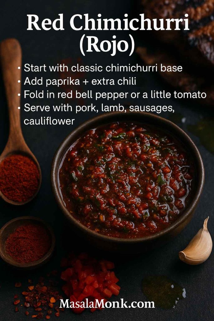 Portrait recipe card showing a bowl of deep red chimichurri rojo on a dark surface, surrounded by paprika, chili flakes, diced red bell pepper and garlic, with text explaining how to make red chimichurri sauce.