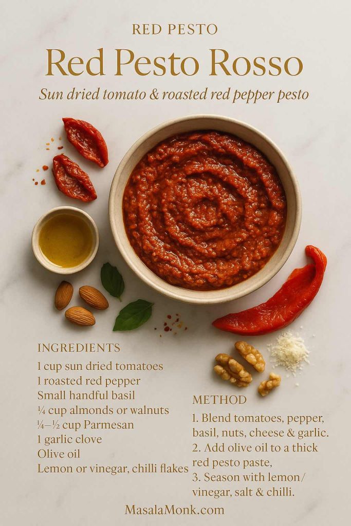 Red Pesto Rosso recipe card on marble showing a bowl of sun dried tomato and roasted red pepper pesto with almonds, walnuts, Parmesan and printed ingredients and method – MasalaMonk.